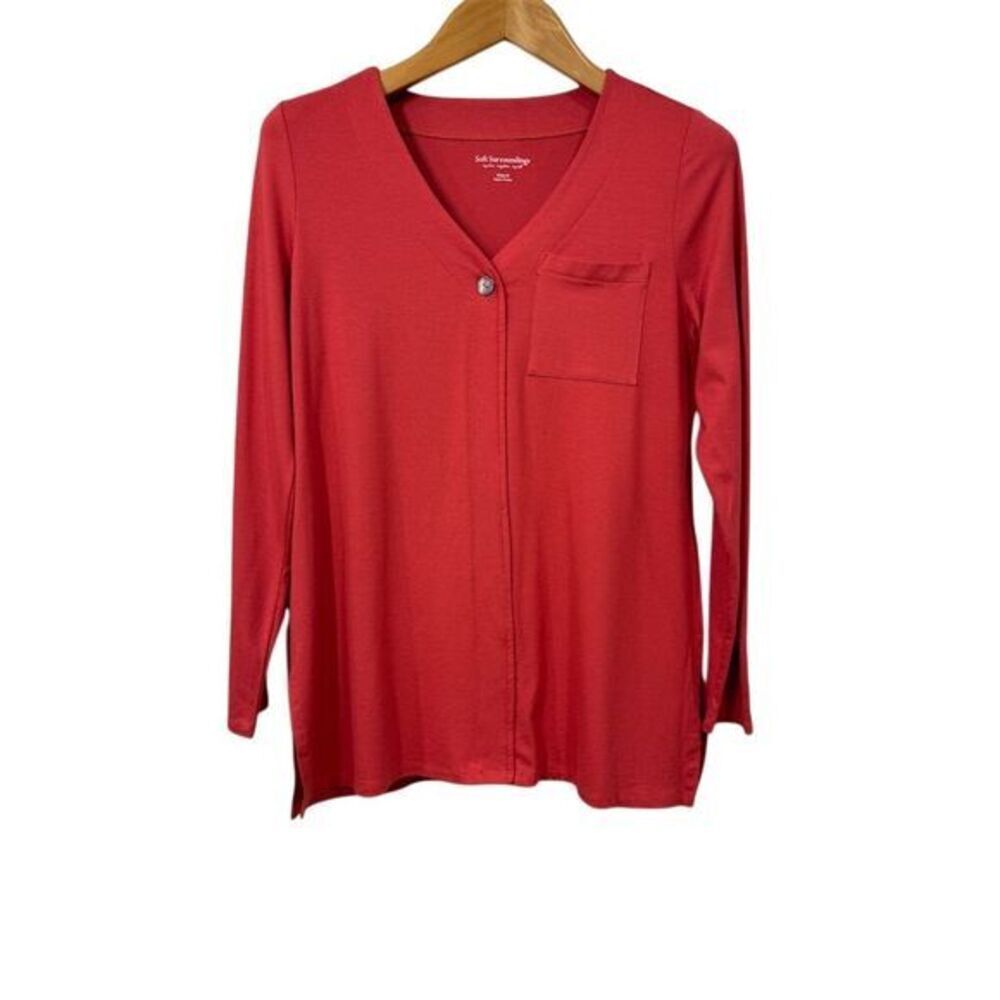 Soft Surroundings Womens M Red Long Sleeve Button Tunic Top Minimalist Modest